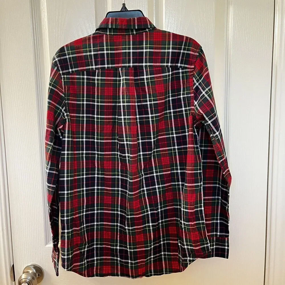 Ralph Lauren Red Green Navy Plaid Button Up Shirt Cotton Boys Size Large 14-16